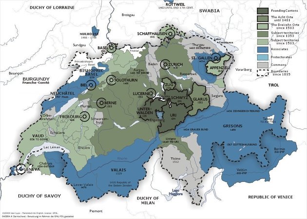 Svájc területi fejlődése, délen szürkével az Alpokon-túli hadjáratok eredményeképpen megszerzett – ma Ticino kantont alkotó – területek