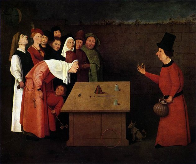 Hieronymus Bosch: A bűvész A kép a serleg és golyók nevű trükk bemutatását ábrázolja. Amíg a festő az álmélkodó nézőtől a bűvész felé vezeti tekintetünket, addig alig észrevehetően egy másik néző kilopja az álmélkodó erszényét.