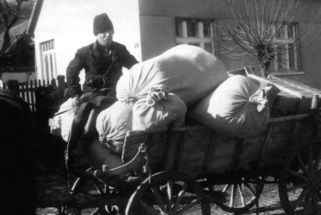 Egy német nemzetiségű, magyar állampolgárságú férfi az ingóságaival a kitelepítések idejéből, 1946 Budakalász