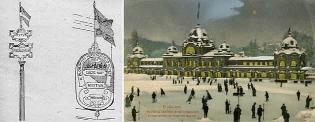 A ligeti korcsolyapálya megnyitását jelző zászlók és táblák a fővárosi közlekedési vállalat megállókat jelző oszlopain, jobbra pedig korcsolyázók és hóeltakarító munkások az 1893-ban felavatott, neobarokk jégcsarnok előtt (Az Érdekes Újság, 1916. 1. szám, jobbra képes levelezőlap, Brück & Sohn Kunstverlag, magángyűjtemény)