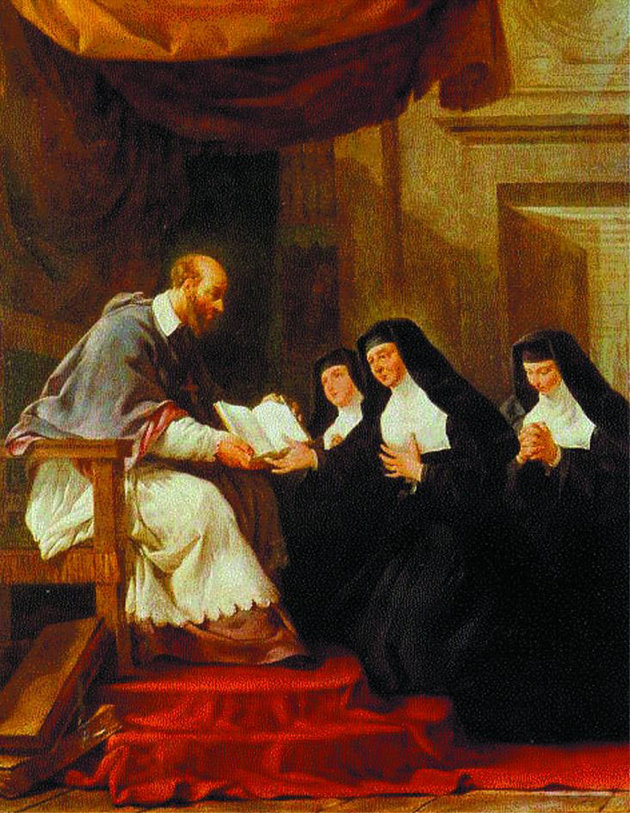 Ferenc püspök átnyújtja a vizitációs rend alapszabályát (1610)