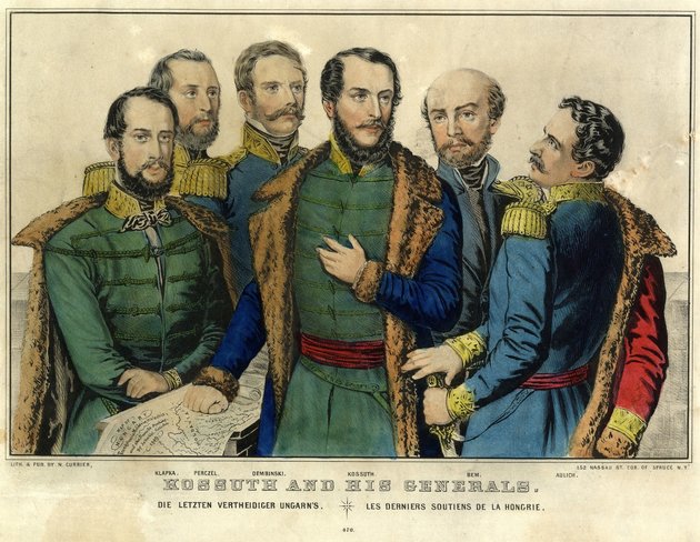 A kormányzó hű vezérei körében: Klapka György, Perczel Mór, Dembinszky Henrik, Kossuth Lajos, Bem József és Aulich Lajos