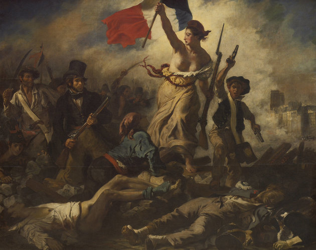 Eugène Delacroix: A Szabadság vezeti a népet (1830). A szabadkőművesekre sokan a francia forradalom vezetőiként tekintettek utólag.