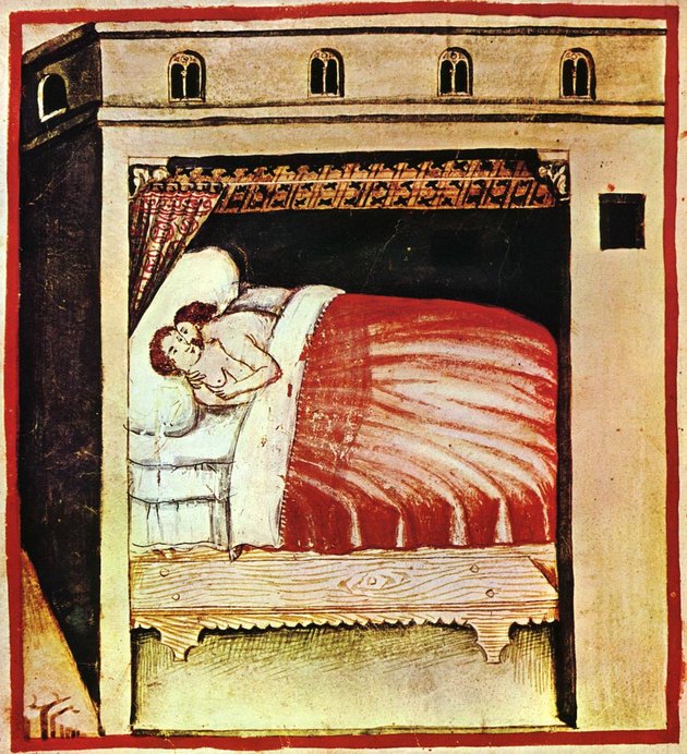Közösülő pár egy 14. századi itáliai illusztráción (kép forrása: Wikimedia Commons)