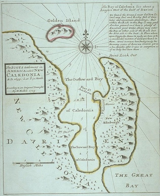 Herman Moll térképész 1729-es vázlata alapján készült térkép a „Kaledónia-öbölről”, keleti partján Új-Edinburgh-val. A ma itt található kisebb település neve Puerto Escocés, azaz Skót Kikötő.