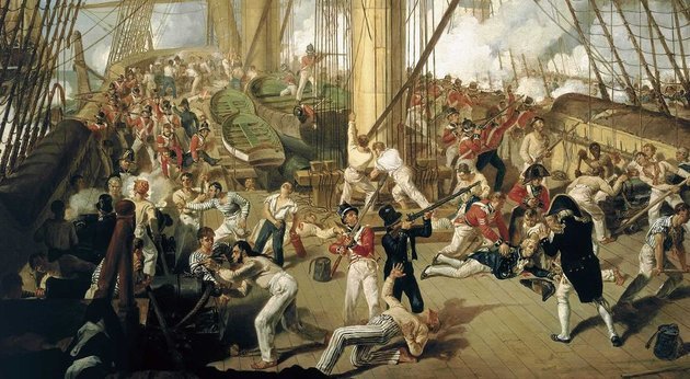A megörökített pillanat, amikor Nelsont halálos lövés érte (Denish Dighton festménye, 1825 körül)