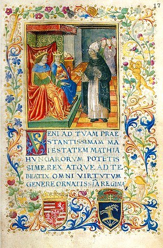 A Bibliotheca Corviniana Ransanus-kódexnek egy lapja, a miniatúrán Ransanus nápolyi követ beszédet mond Mátyás és Aragóniai Beatrix előtt