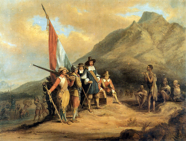 Az első európai (holland) gyarmatosítók érkezése Fokföldre, 1652-ben. (festmény, Charles Davidson Bell)