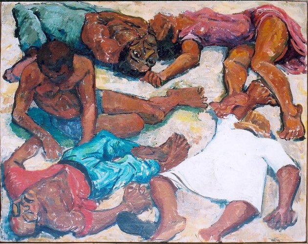 Az 1960. március 21-i sharpeville-i sortűz áldozatai egy festményen (kép forrása: wikipédia/Godfrey Rubens/CC BY-SA 3.0)