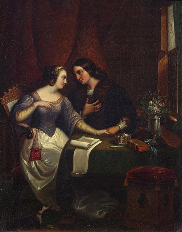 Jean-Baptiste Goyet 1829 körül készült festménye a középkori szerelmesekről (Kép forrása: Wikipédia/ Stevensaylor/ CC BY-SA 4.0)