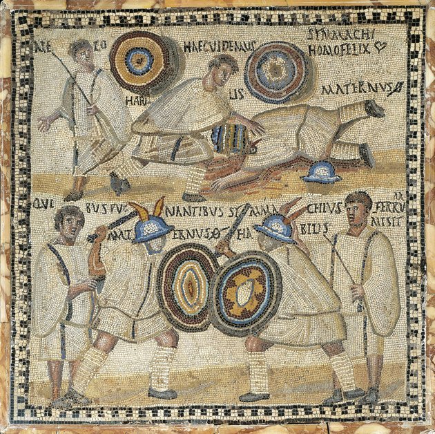 Gladiátorok küzdelme egy római mozaikon