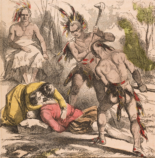 Pocahontas megmenti John Smith életét egy színezett metszeten