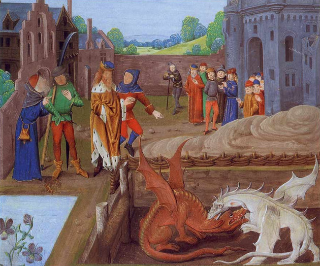 A vörös és fehér sárkányok harca a Historia egy 15. századi példányában
