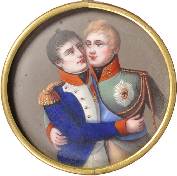 A tilsiti békéről megemlékező francia medallion, Napóleon francia császár és I. Sándor orosz cár képével