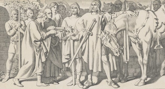 Tostig Godwinson fogadja York városának megadását a vikingekkel szövetséges haderő előtt