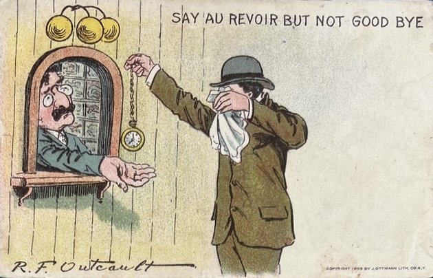 R. F. Outcault karikatúráján („Mondd: »viszontlátásra«, ne azt: »Isten veled«!”) az ablak fölött a zálogházak Európa-szerte ismert jelképe, három aranyszínű gömb látható