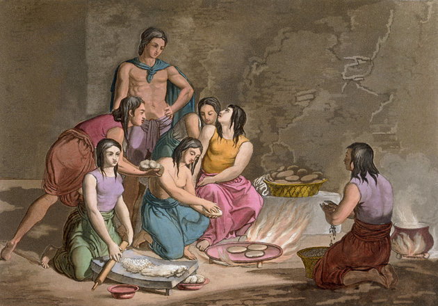 Kukoricakenyeret készítő azték nők