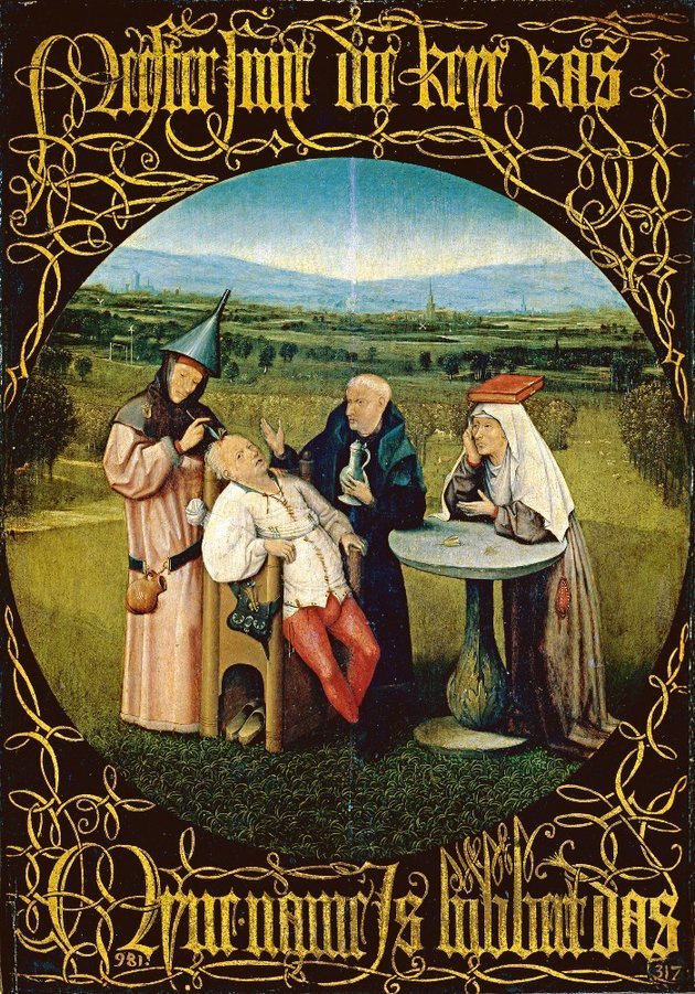 Hieronymus Bosch: Az őrültség kövének eltávolítása (15. sz. vége) – a festmény a trepanációt ábrázolja