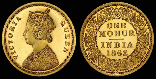 Brit Indiai 1862-es 1 mohur (=15 ezüstrúpia) aranyérme viktória képmásával.
