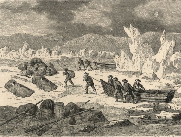 Hugh Willoughby angol felfedező 1554-es, tragédiába torkolló északi sarkvidéki expedíciójának ábrázolása. Az expedíció végnapjait Hakluyt is leírta az Utazásokban.