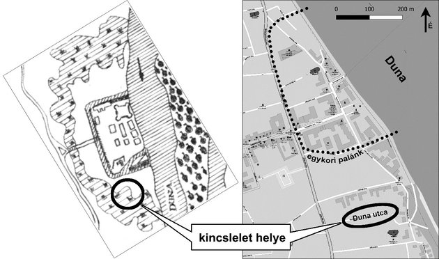 2. ábra A mohácsi Duna utcában (Kálvin köz) talált kincslelet helye Ottendorf 1663-as térképén, és a jelenlegi állapotokat mutató Openstreetmapen. Szerkesztette: Gyenizse Péter 