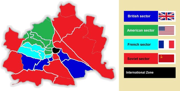 Bécs négyhatalmi felosztása 1945 és 1955 között (Kép forrása: wikipedia / Paasikivi / CC BY-SA 4.0) 