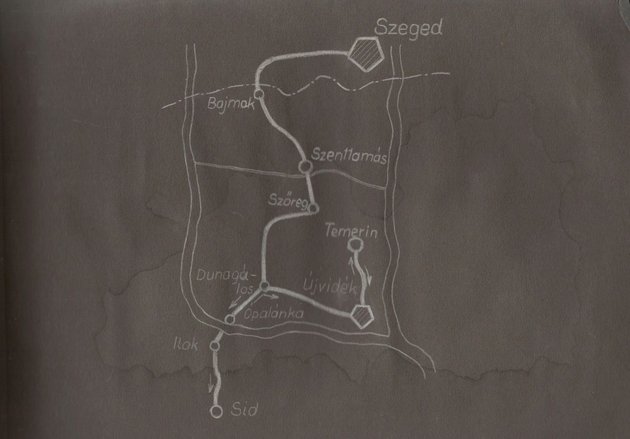 A 16. honvéd kerékpáros zászlóalj délvidéki útja Tósoky Károly kézzel rajzolt térképén (magántulajdon)