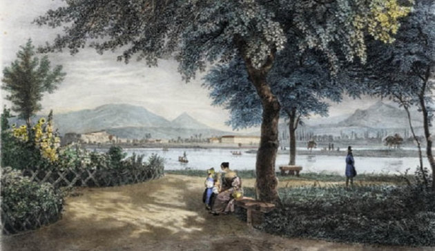 A Nebbien Henrik irányításával 1817-ben elkezdett munkálatok során virágágyásokkal díszített, árnyas sétányokat alakítottak ki a városligeti tó partján (Josef Kuwasseg: Im Stadtwäldchen, kőnyomat, részlet, 1830-as évek)
